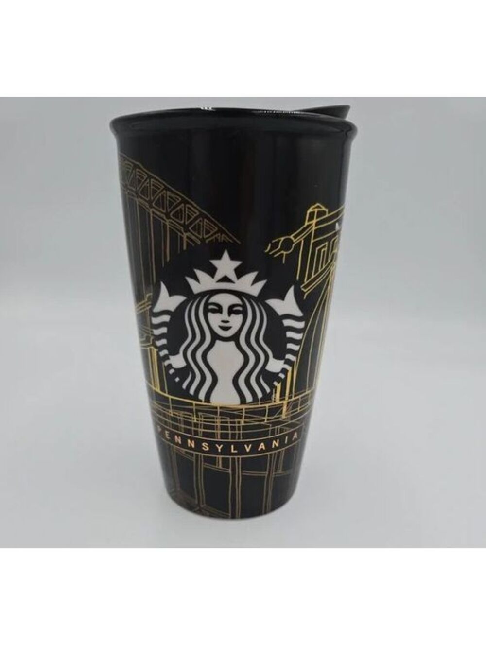 Starbucks 2016 Pennsylvania Ceramic Travel Tumbler Mug w Lid Black Gold 12 oz
